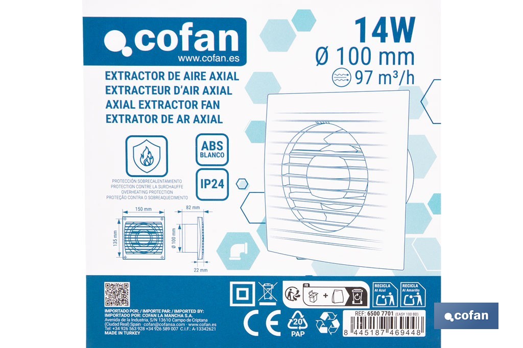 Extractor de aire axial con panel frontal y sistema antirretorno | Protección IP24, color blanco | Disponible en diferentes diámetros - Cofan