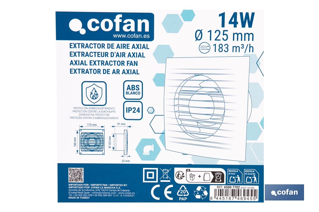 Extractor de aire axial con panel frontal y sistema antirretorno | Protección IP24, color blanco | Disponible en diferentes diámetros - Cofan