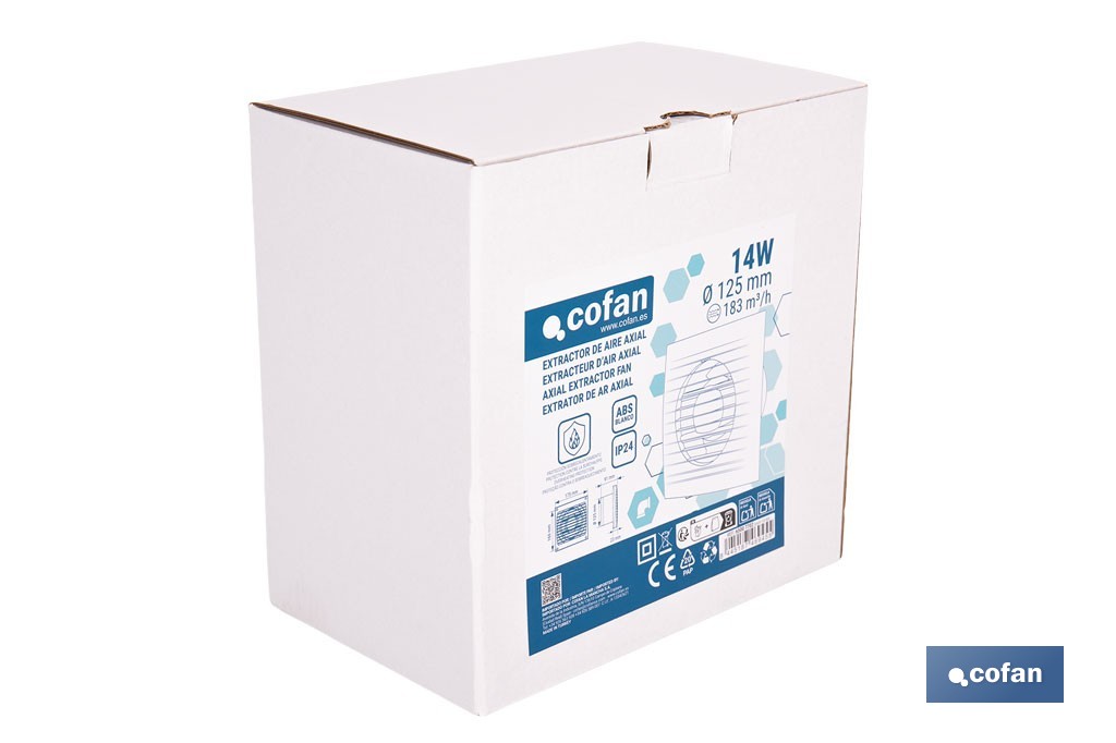 Extractor de aire axial con panel frontal y sistema antirretorno | Protección IP24, color blanco | Disponible en diferentes diámetros - Cofan