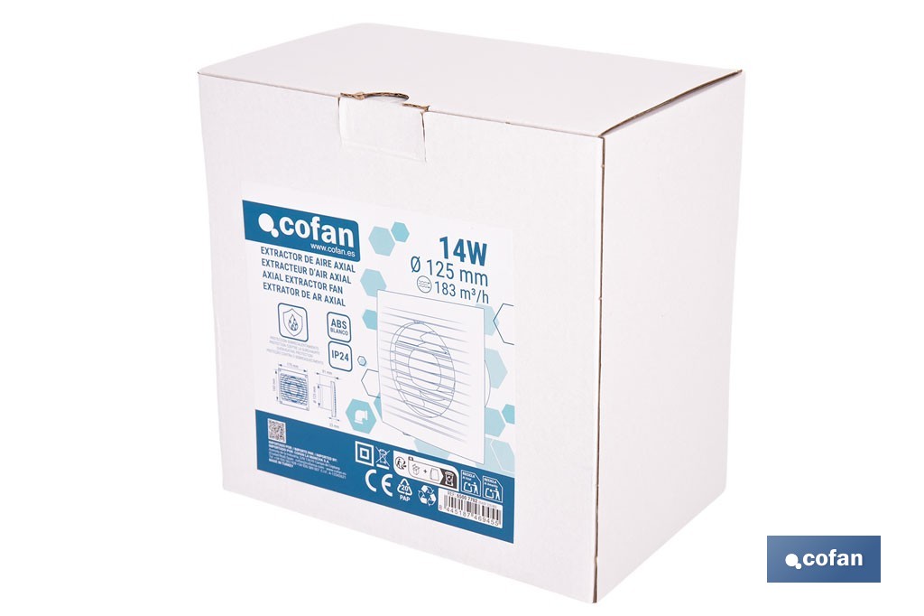 Extractor de aire axial con panel frontal y sistema antirretorno | Protección IP24, color blanco | Disponible en diferentes diámetros - Cofan