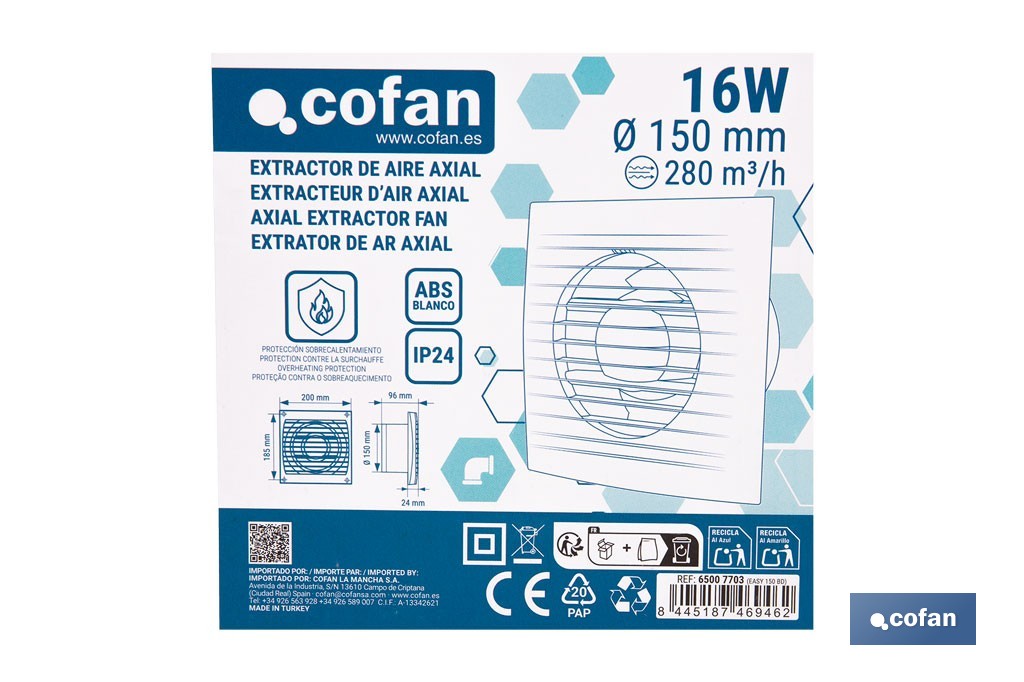 Extractor de aire axial con panel frontal y sistema antirretorno | Protección IP24, color blanco | Disponible en diferentes diámetros - Cofan