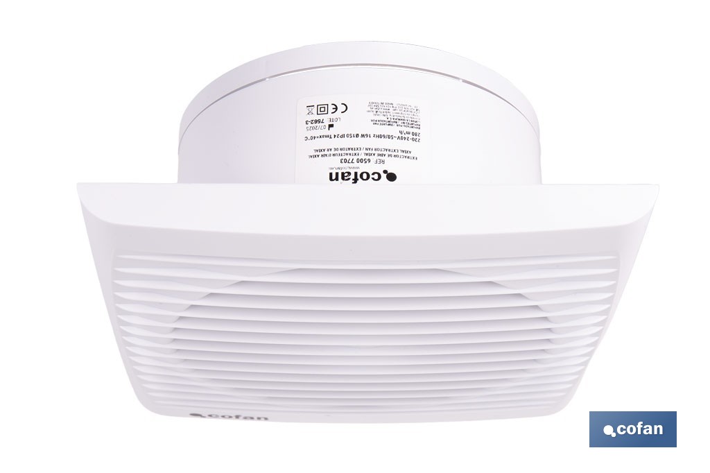 Extractor de aire axial con panel frontal y sistema antirretorno | Protección IP24, color blanco | Disponible en diferentes diámetros - Cofan