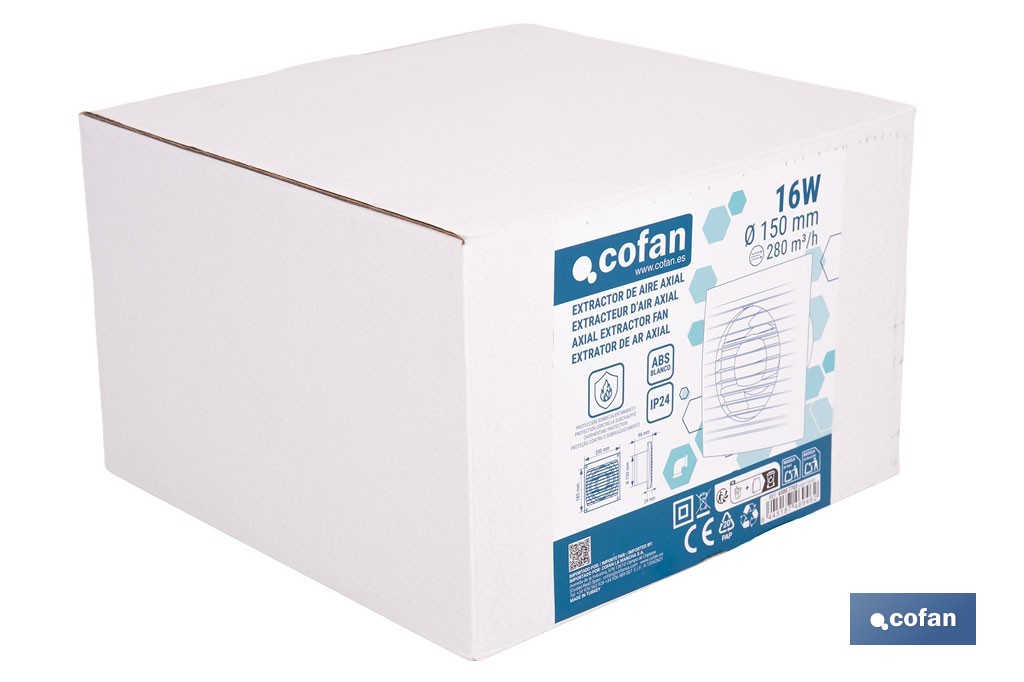 Extractor de aire axial con panel frontal y sistema antirretorno | Protección IP24, color blanco | Disponible en diferentes diámetros - Cofan