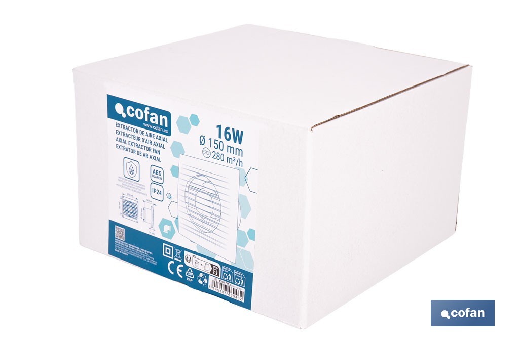 Extractor de aire axial con panel frontal y sistema antirretorno | Protección IP24, color blanco | Disponible en diferentes diámetros - Cofan