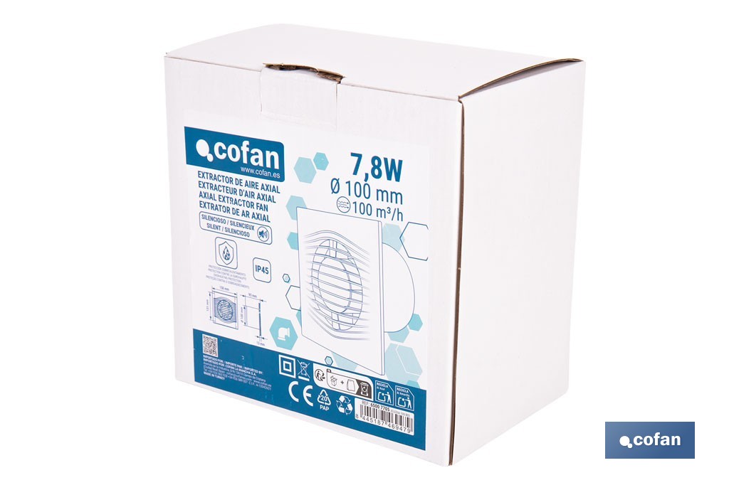 Extractor de aire axial silencioso | Con panel frontal fino y antirretorno | Protección IP45 | Disponible en diferentes diámetros - Cofan