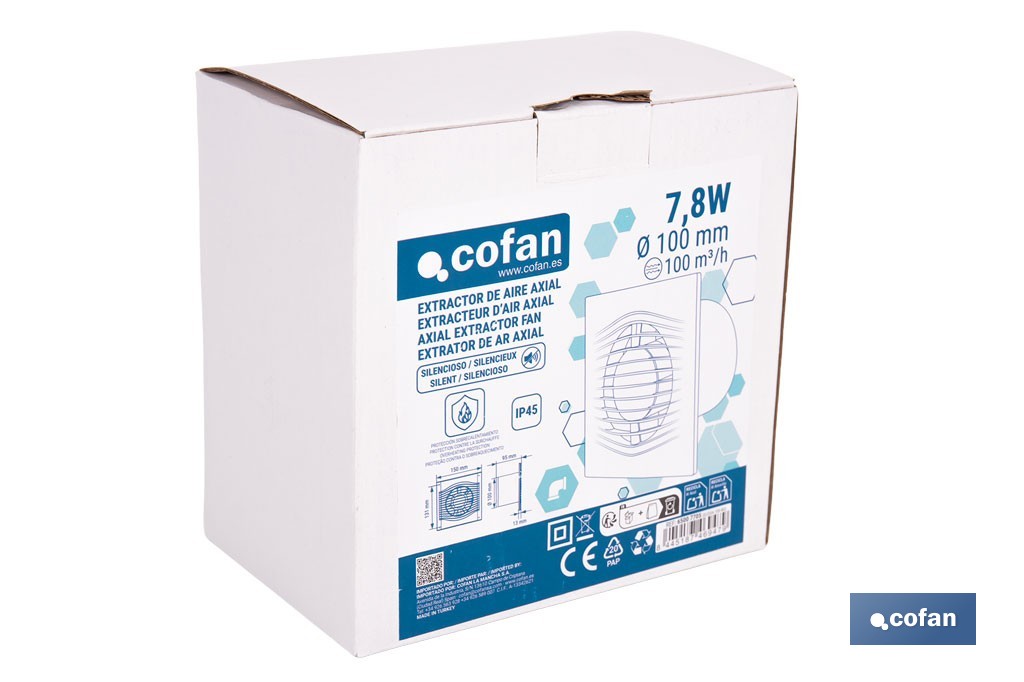Extractor de aire axial silencioso | Con panel frontal fino y antirretorno | Protección IP45 | Disponible en diferentes diámetros - Cofan