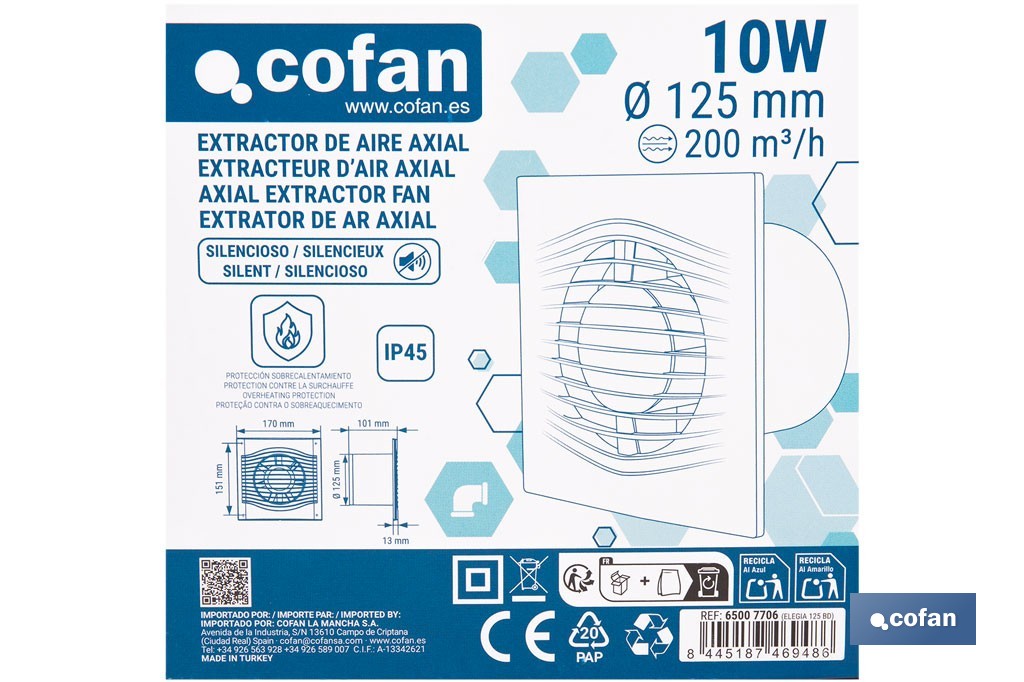 Extractor de aire axial silencioso | Con panel frontal fino y antirretorno | Protección IP45 | Disponible en diferentes diámetros - Cofan