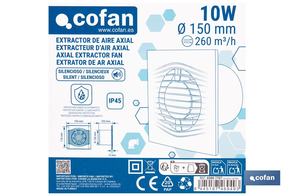 Extractor de aire axial silencioso | Con panel frontal fino y antirretorno | Protección IP45 | Disponible en diferentes diámetros - Cofan