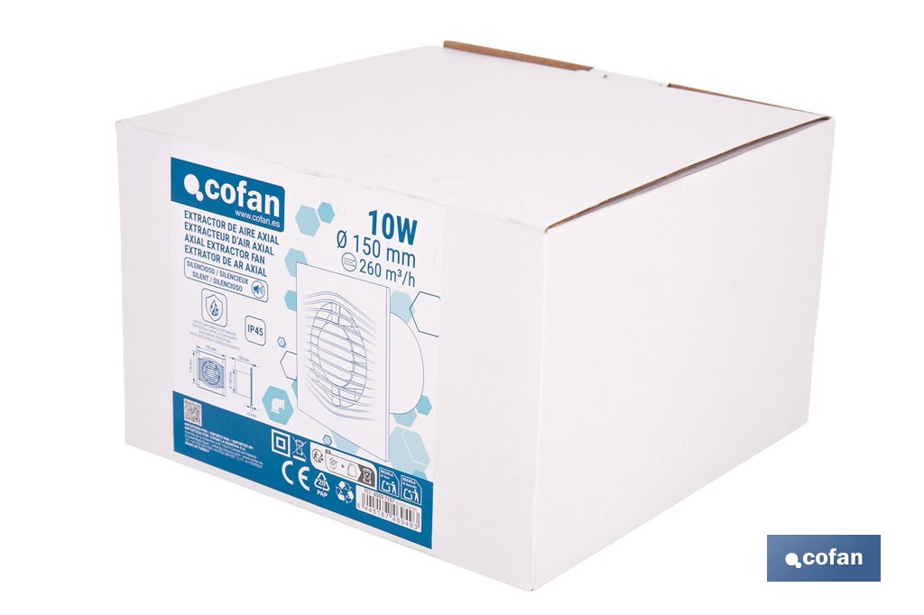 Extractor de aire axial silencioso | Con panel frontal fino y antirretorno | Protección IP45 | Disponible en diferentes diámetros - Cofan