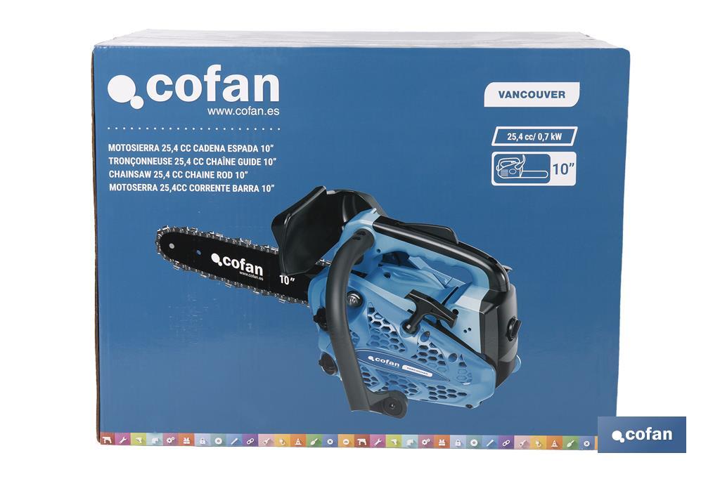 Motosierra de poda de gasolina | Motor de 2 tiempos | Espada de 10" | Potencia: 0,9 CV | Sistema antivibración - Cofan