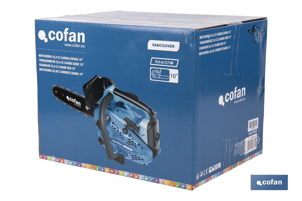 Motosierra de poda de gasolina | Motor de 2 tiempos | Espada de 10" | Potencia: 0,9 CV | Sistema antivibración - Cofan