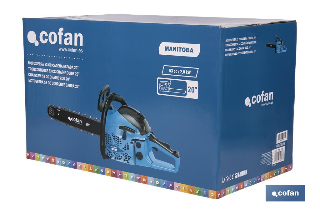 Motosierra de gasolina | Motor 2 tiempos | Espada de 20" | Potencia: 2,6 CV | Fácil arranque | Sistema antivibración - Cofan