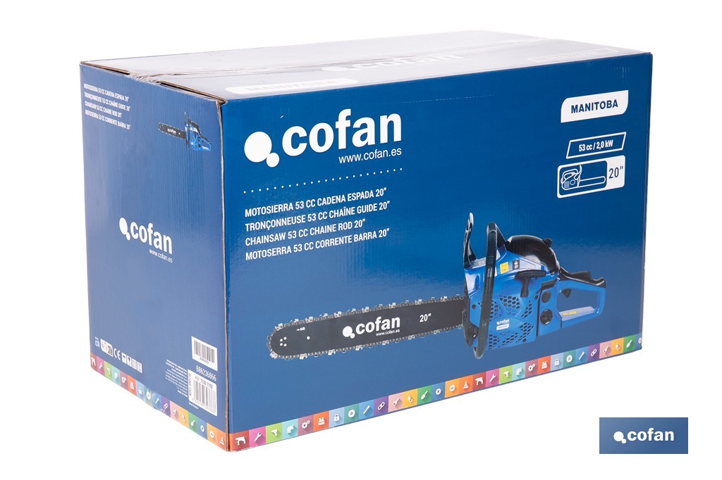 Petrol chainsaw | 2 stroke engine | 20" guide bar | Power: 2.56 hp | Anti-vibration system | Easy start - Cofan