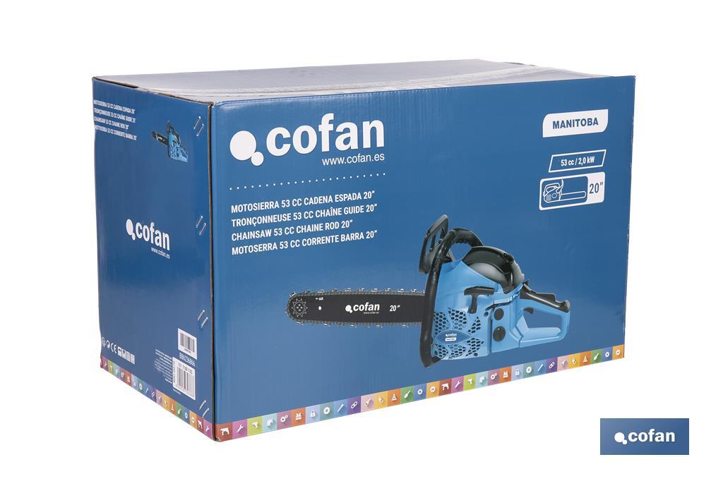 Motosierra de gasolina | Motor 2 tiempos | Espada de 20" | Potencia: 2,6 CV | Fácil arranque | Sistema antivibración - Cofan