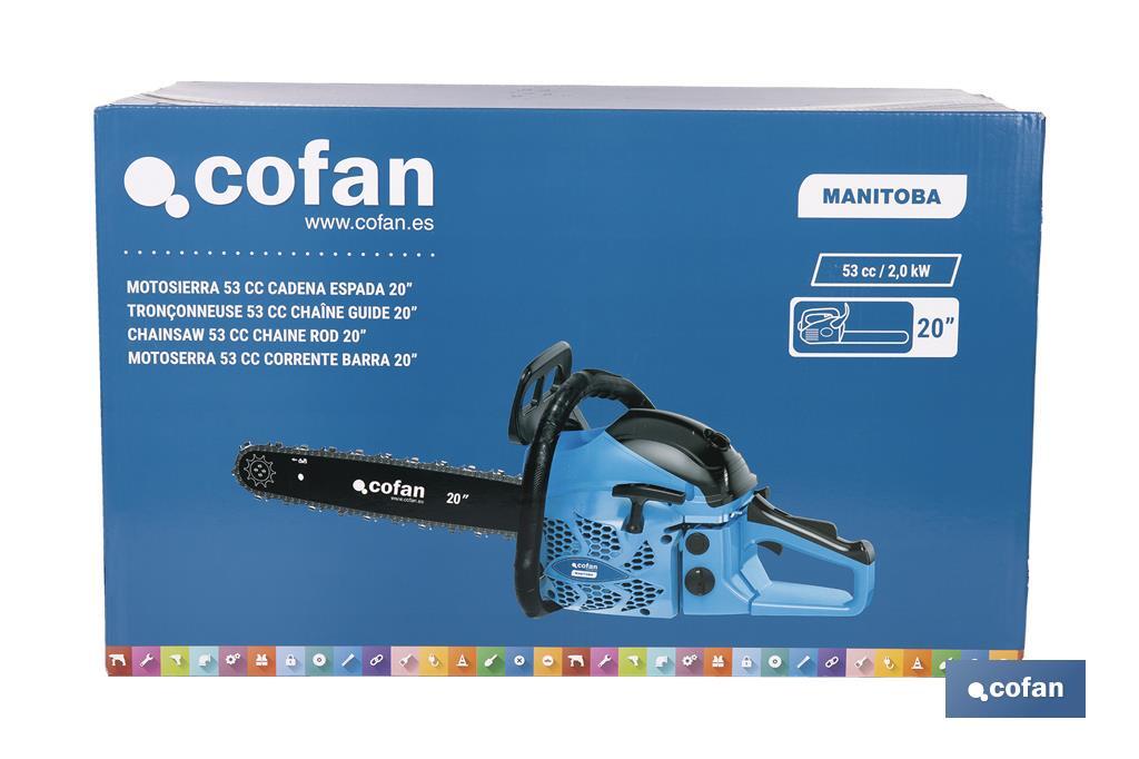 Motosierra de gasolina | Motor 2 tiempos | Espada de 20" | Potencia: 2,6 CV | Fácil arranque | Sistema antivibración - Cofan