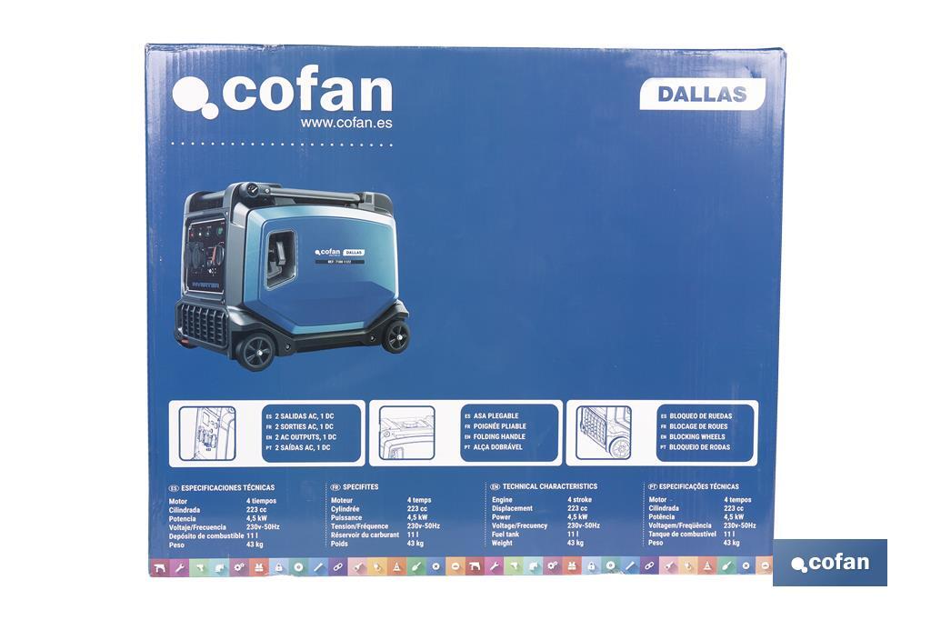 Generador inverter de gasolina de 223 cc | Motor de 4 tiempos | Generador inverter portátil | Máxima potencia: 3,8 kVA - Cofan