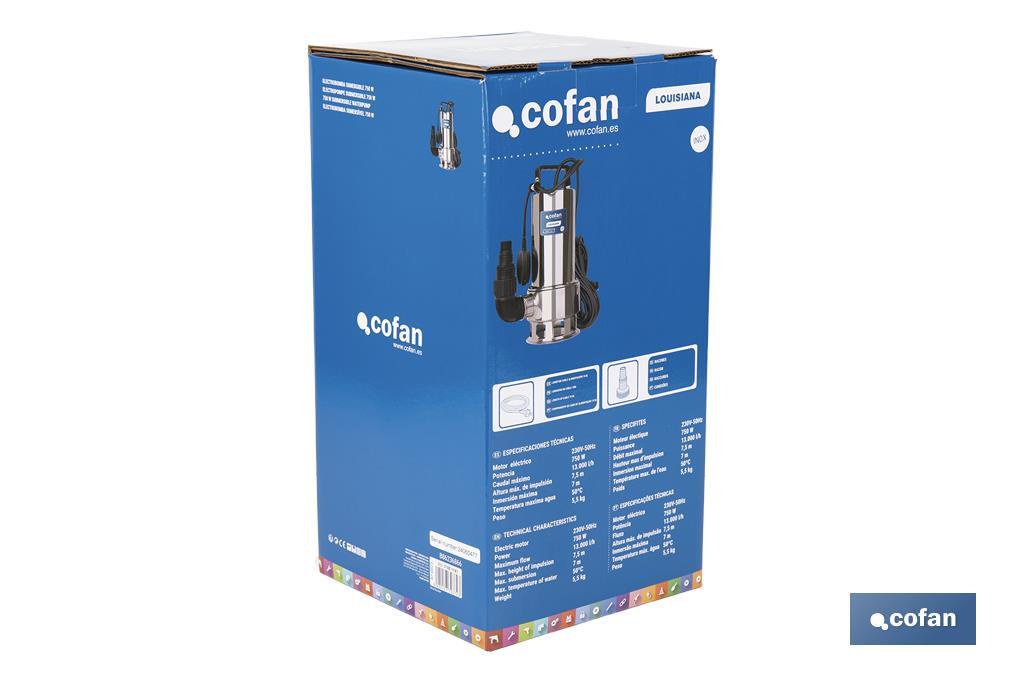 Electrobomba sumergible para aguas sucias | Potencia: 750 W | Caudal máximo: 13000l/h | 7 m de inmersión | Interruptor de flotador - Cofan