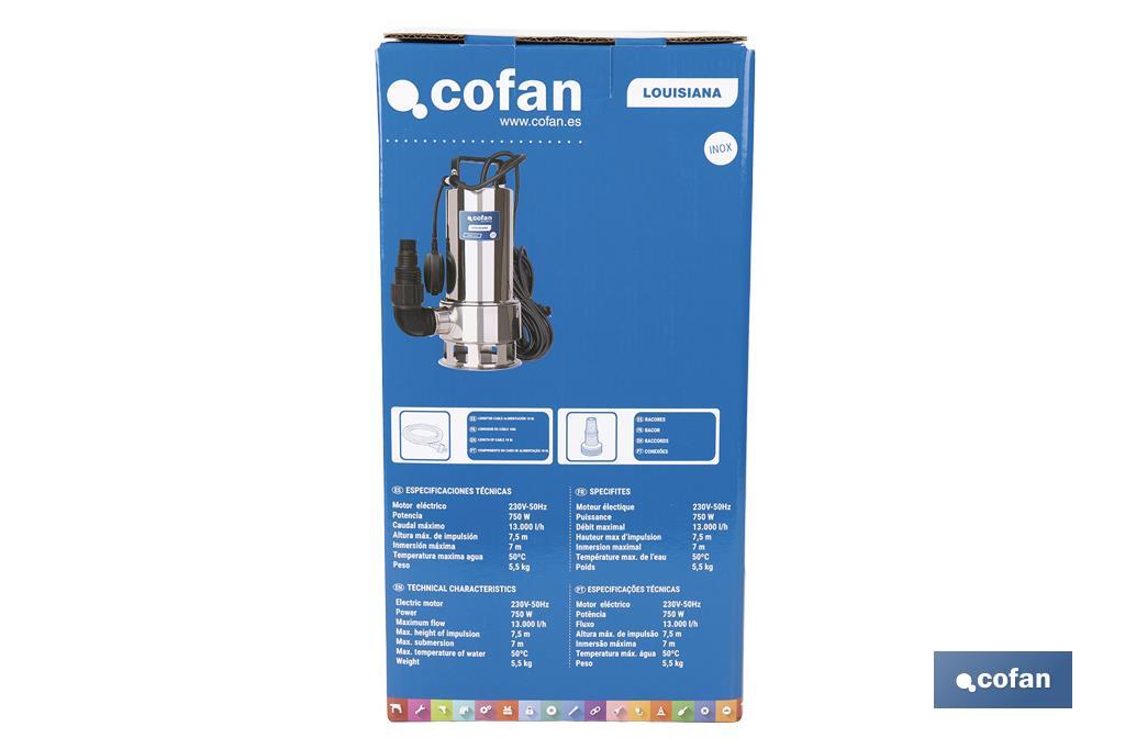 Electrobomba sumergible para aguas sucias | Potencia: 750 W | Caudal máximo: 13000l/h | 7 m de inmersión | Interruptor de flotador - Cofan