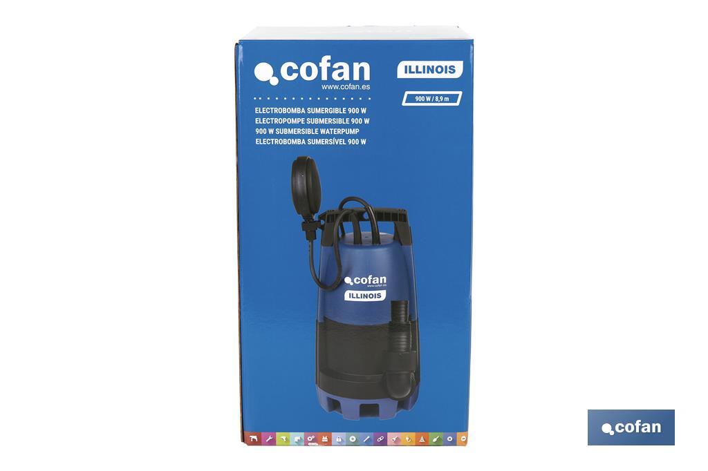 Electrobomba sumergible para aguas sucias y limpias | Potencia: 900 W | Caudal máximo: 18000 l/h | 7 m de inmersión | Interruptor de flotador - Cofan