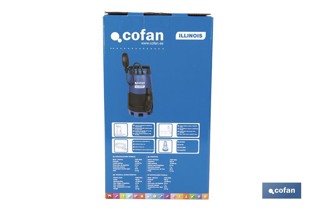 Electrobomba sumergible para aguas sucias y limpias | Potencia: 900 W | Caudal máximo: 18000 l/h | 7 m de inmersión | Interruptor de flotador - Cofan