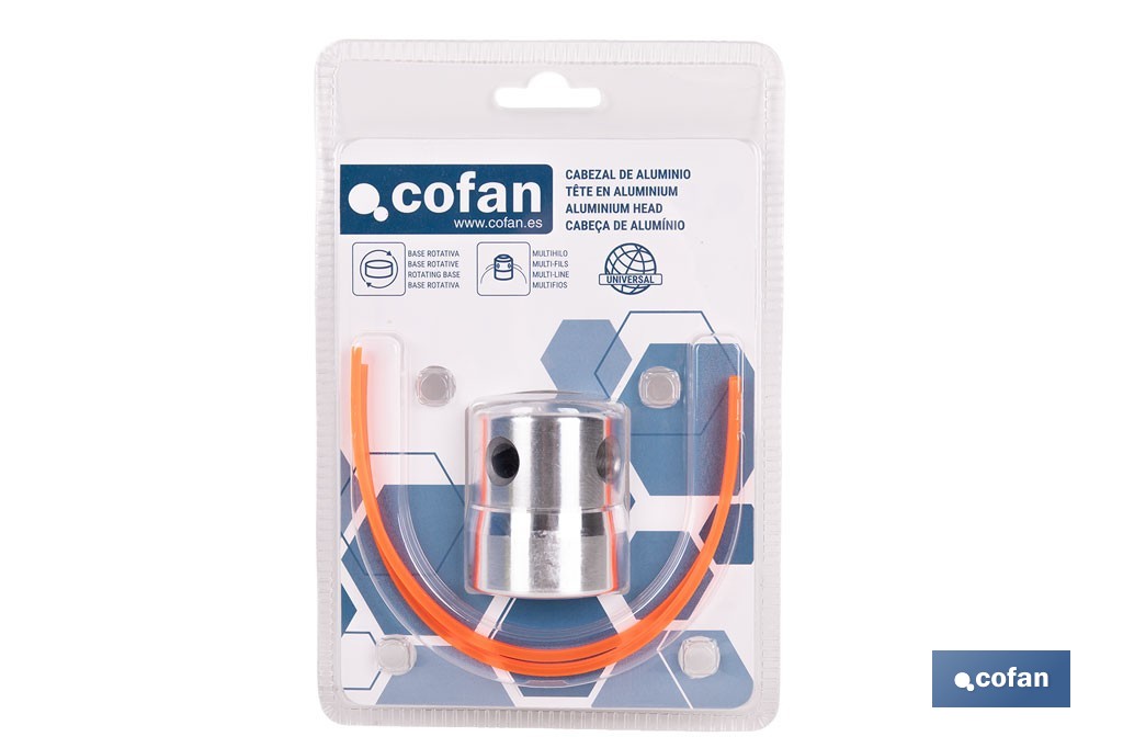 Cabezal multihilo universal para desbrozadora| Compatible con hilo precortado | Incluye llave hexagonal e hilo precortado - Cofan
