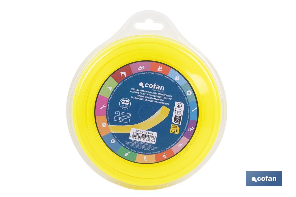 Hilo cuadrado de nylon para desbrozadora | Alta resistencia, compatible con mayoría de desbrozadoras | Medidas del hilo: 3 mm x 42 m - Cofan
