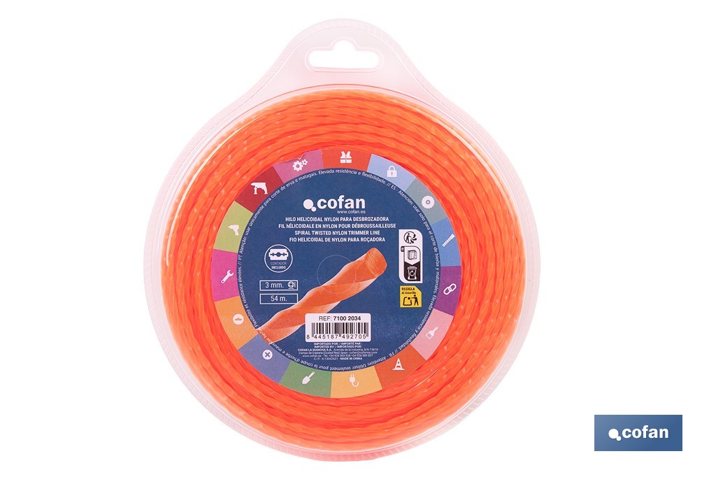 Hilo helicoidal de nylon para desbrozadora | Alta resistencia, bajo nivel sonoro | Disponible en diferentes grosores - Cofan
