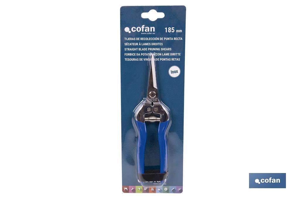 Tijeras de recolección con punta recta de acero inoxidable y longitud total de 185 mm | Especiales para jardinería - Cofan