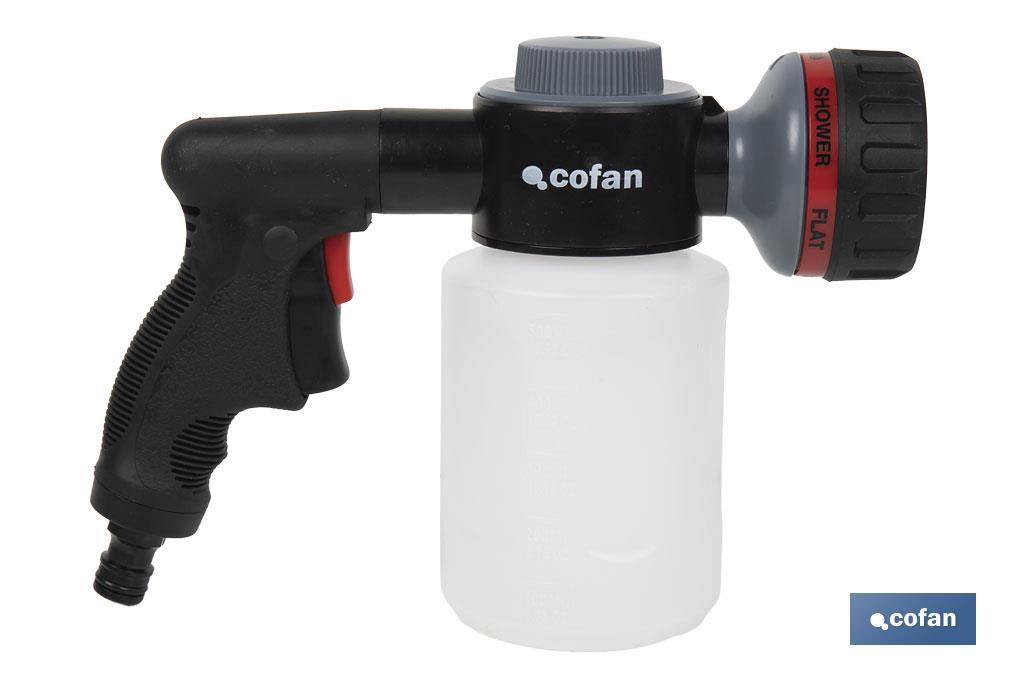 Pistola de riego con 6 posiciones ajustables y depósito para dispensador de jabón de 500 ml - Cofan
