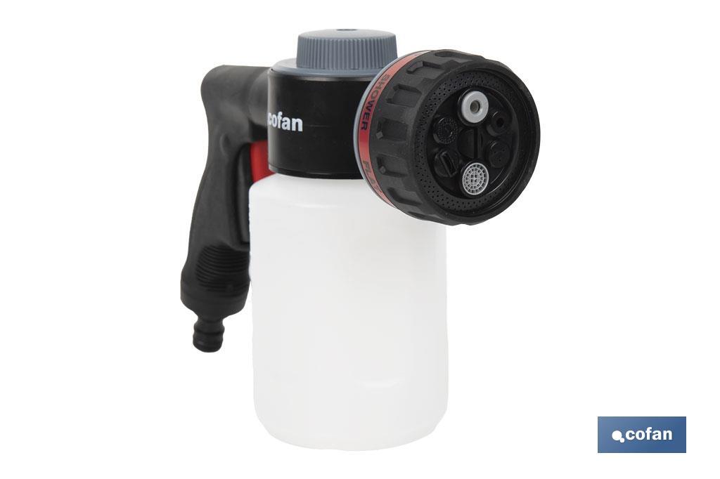 Pistola de riego con 6 posiciones ajustables y depósito para dispensador de jabón de 500 ml - Cofan