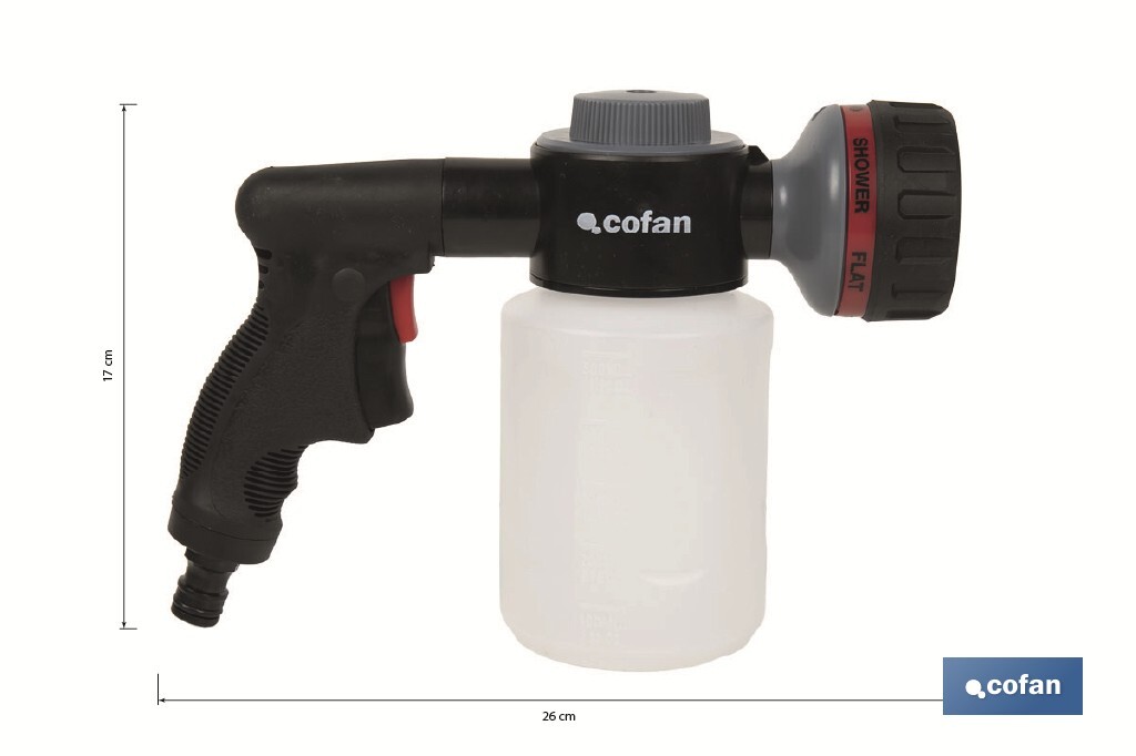 Pistola de riego con 6 posiciones ajustables y depósito para dispensador de jabón de 500 ml - Cofan