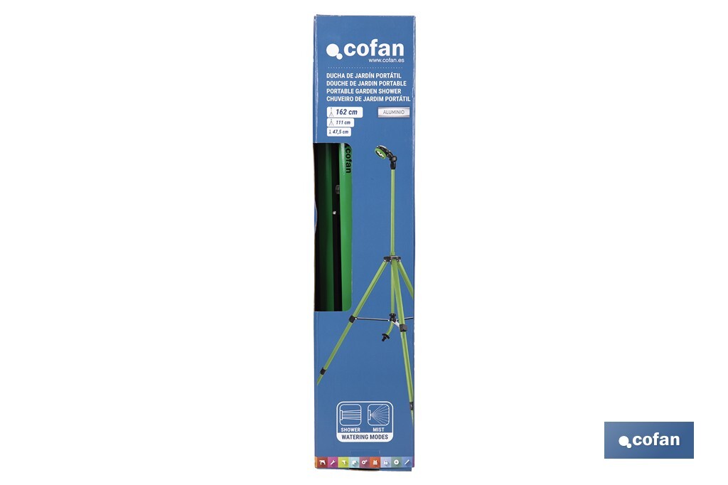 Ducha de jardín con trípode | Altura regulable | 2 funciones: ducha y nebulización | Conector universal incluido | Altura máxima: 162 cm - Cofan