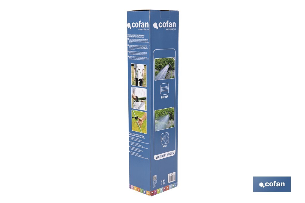 Ducha de jardín con trípode | Altura regulable | 2 funciones: ducha y nebulización | Conector universal incluido | Altura máxima: 162 cm - Cofan