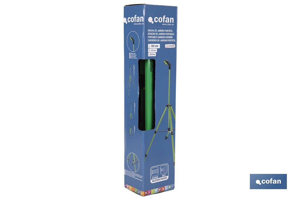 Ducha de jardín con trípode | Altura regulable | 2 funciones: ducha y nebulización | Conector universal incluido | Altura máxima: 162 cm - Cofan