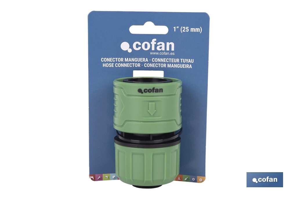 Conector de manguera | Material: ABS | Resistente y duradero | Fácil instalación | Adecuado para mangueras de Ø25 mm | Medidas: Ø5 x 8 cm - Cofan