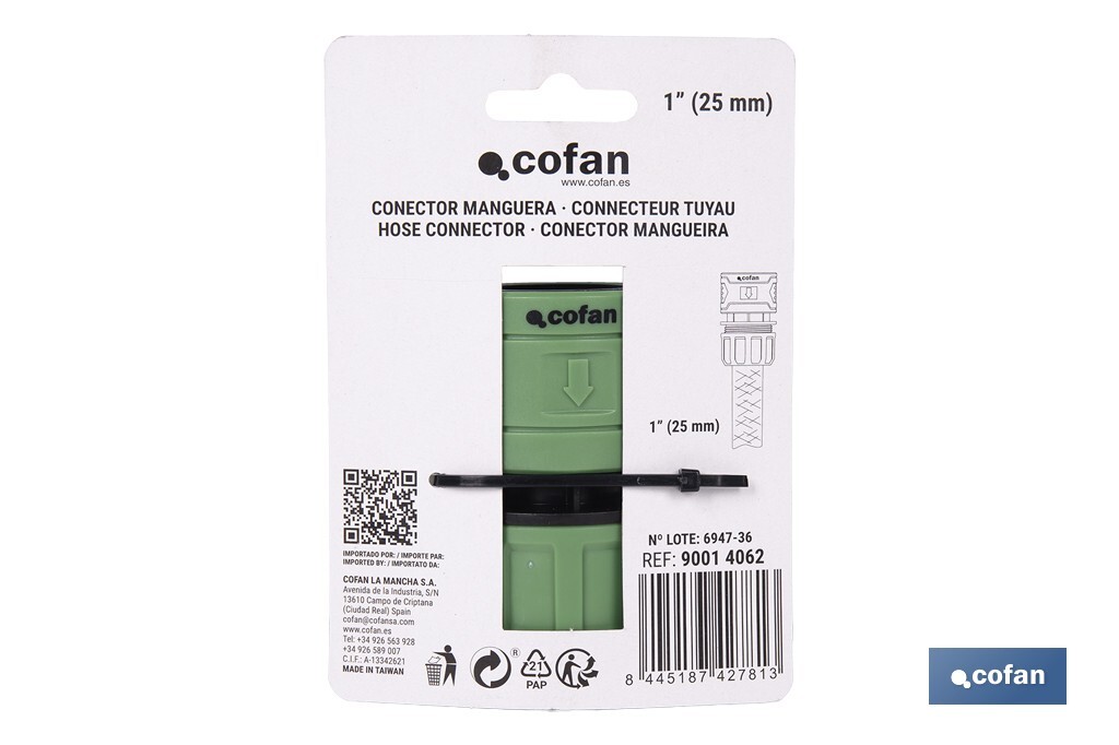 Conector de manguera | Material: ABS | Resistente y duradero | Fácil instalación | Adecuado para mangueras de Ø25 mm | Medidas: Ø5 x 8 cm - Cofan