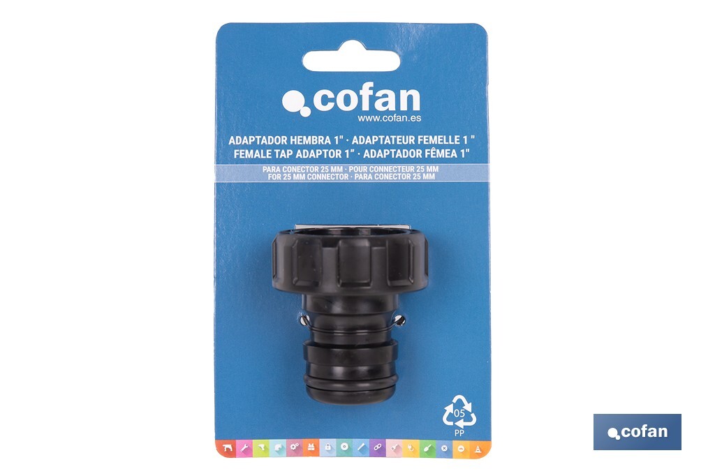 Adaptador de polipropileno con rosca hembra antifugas | Ligero y resistente | Adecuado para riego y mangueras | Salida de 1" - Cofan
