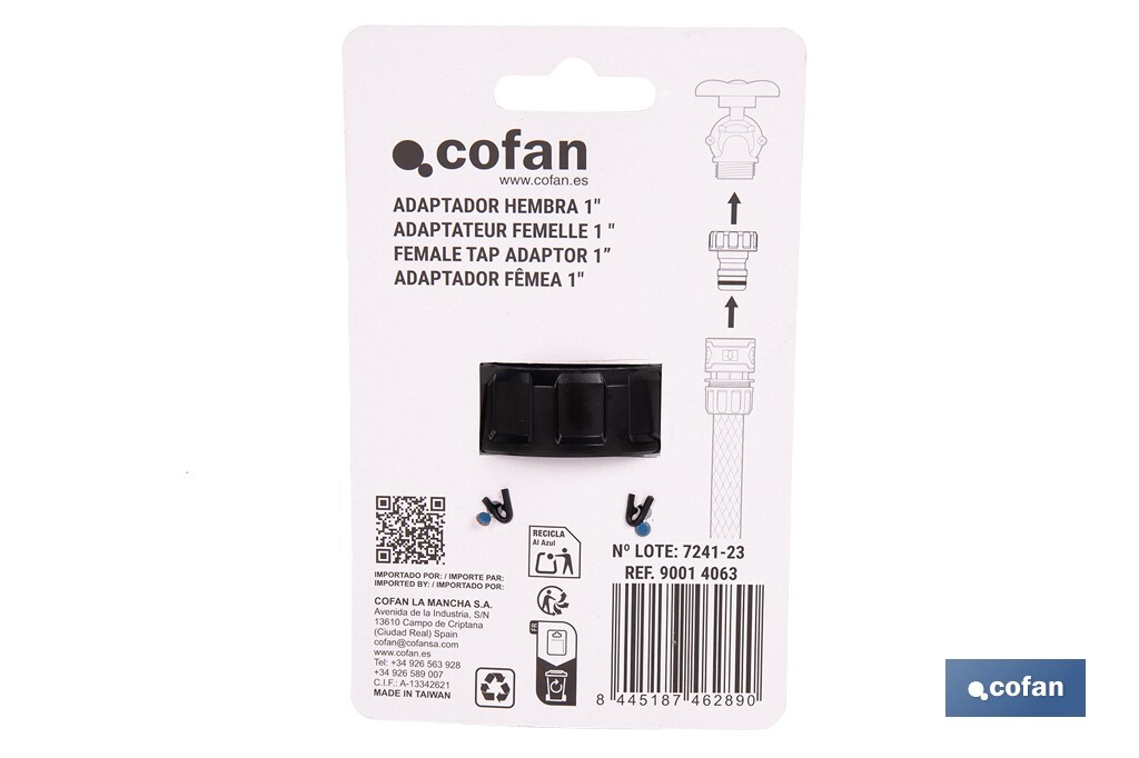 Adaptador de polipropileno con rosca hembra antifugas | Ligero y resistente | Adecuado para riego y mangueras | Salida de 1" - Cofan