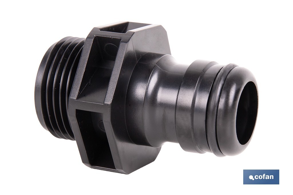 Adaptador de polipropileno con rosca macho antifugas | Ligero y resistente | Adecuado para riego y mangueras | Disponible para salidas de 3/4" y 1" - Cofan