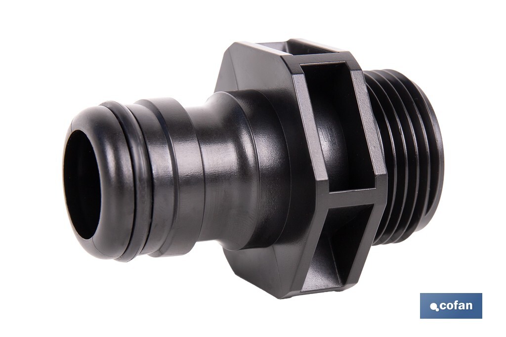 Adaptador de polipropileno con rosca macho antifugas | Ligero y resistente | Adecuado para riego y mangueras | Disponible para salidas de 3/4" y 1" - Cofan
