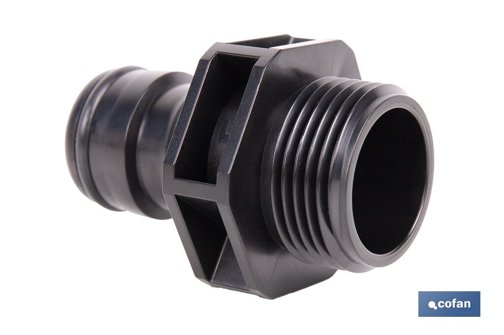 Adaptador de polipropileno con rosca macho antifugas | Ligero y resistente | Adecuado para riego y mangueras | Disponible para salidas de 3/4" y 1" - Cofan