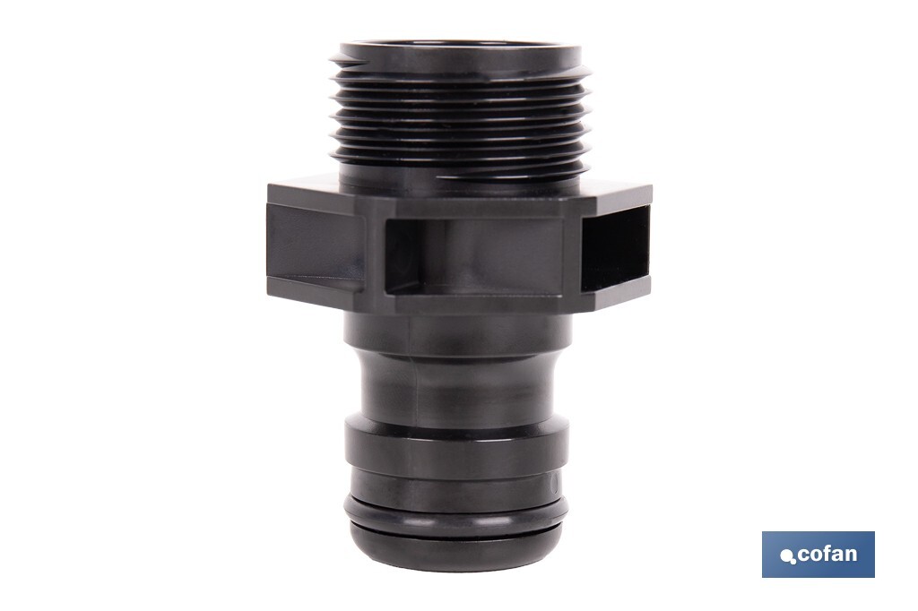 Adaptador de polipropileno con rosca macho antifugas | Ligero y resistente | Adecuado para riego y mangueras | Disponible para salidas de 3/4" y 1" - Cofan