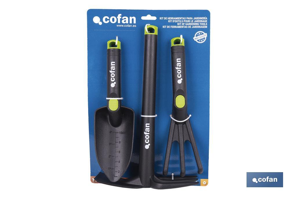 Set de 3 herramientas de jardinería | Incluye: trasplantador, rastrillo y azuela - Cofan