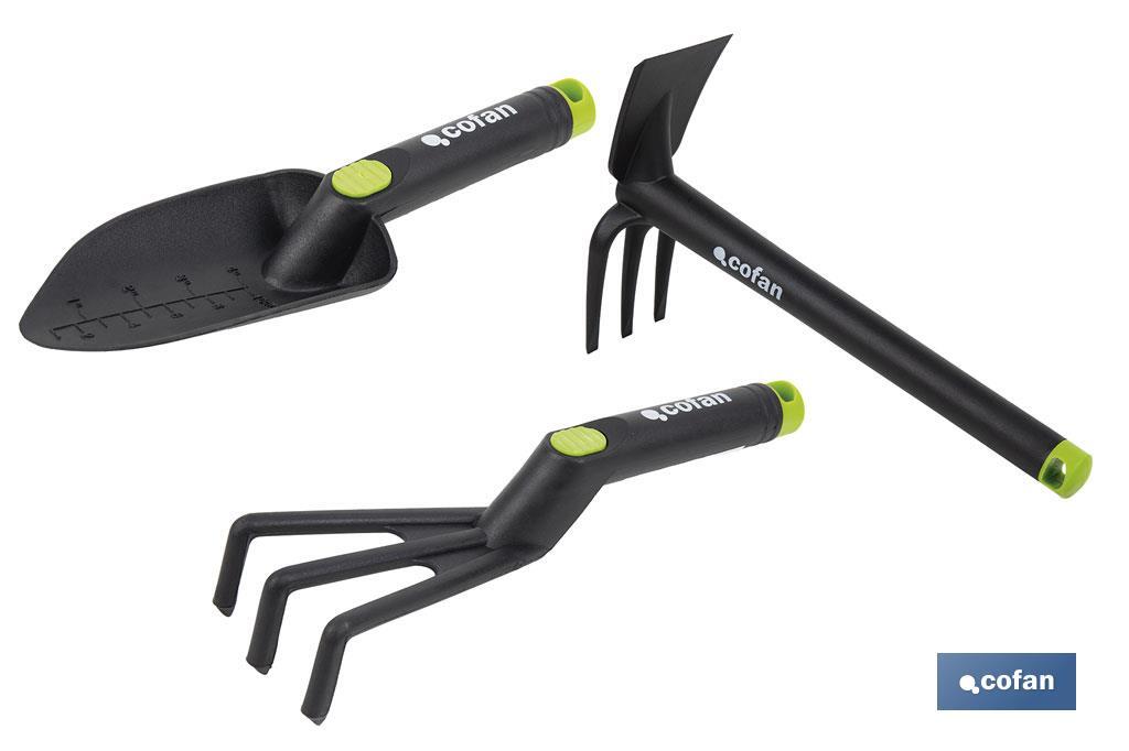 Set de 3 herramientas de jardinería | Incluye: trasplantador, rastrillo y azuela - Cofan