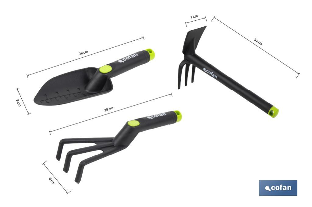 Set de 3 herramientas de jardinería | Incluye: trasplantador, rastrillo y azuela - Cofan