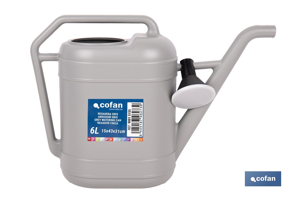 Regadera gris con cabezal desmontable de HDPE | Resistente, ligera 100 % reciclable con capacidad de 6 litros - Cofan