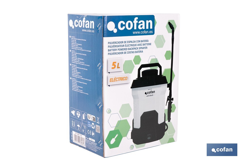 Pulverizador de espalda eléctrico | Sulfatadora a batería Li-Ion 12 V 2.0 Ah | Disponible en diferentes capacidades - Cofan