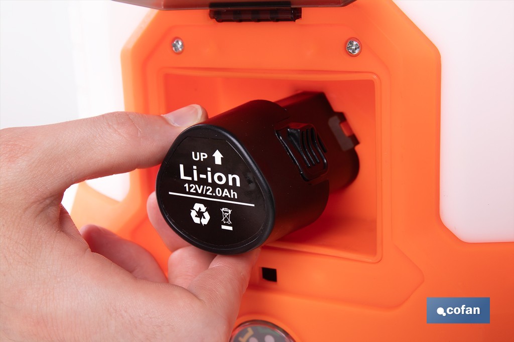 Pulverizador de espalda eléctrico | Sulfatadora a batería Li-Ion 12 V 2.0 Ah | Disponible en diferentes capacidades - Cofan