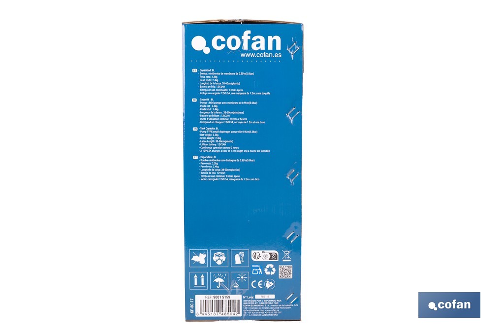 Pulverizador de espalda eléctrico | Sulfatadora a batería Li-Ion 12 V 2.0 Ah | Disponible en diferentes capacidades - Cofan
