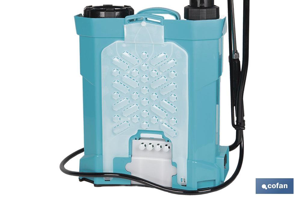 Pulverizador de espalda | Funcionamiento eléctrico y manual | Capacidad: 16 litros | Batería de Li-Ion 12 V | Lanza 60 cm | 4 boquillas | Correas acolchadas - Cofan